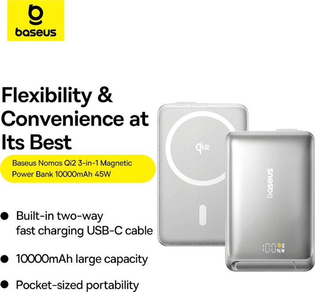 Bateria zewnętrzna Baseus Nomos Qi2 Magnetic, 10.000 mAh, Zdjęcie produktu 