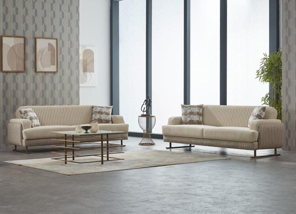 Luxus Couchgarnitur Sofa Polstersofa Dreisitzer Stoffsofa Beige 2tlg