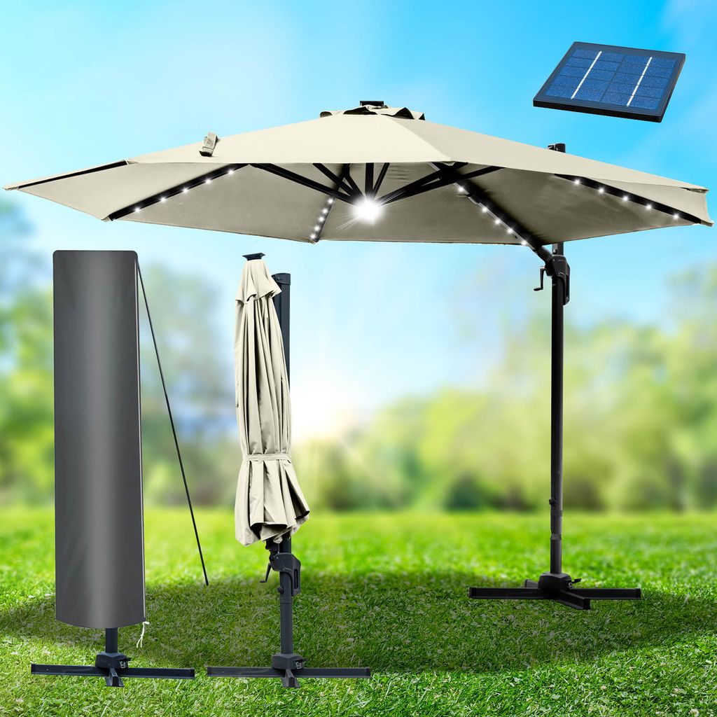 Alu Ampelschirm 300cm beige mit LED-Beleuchtung