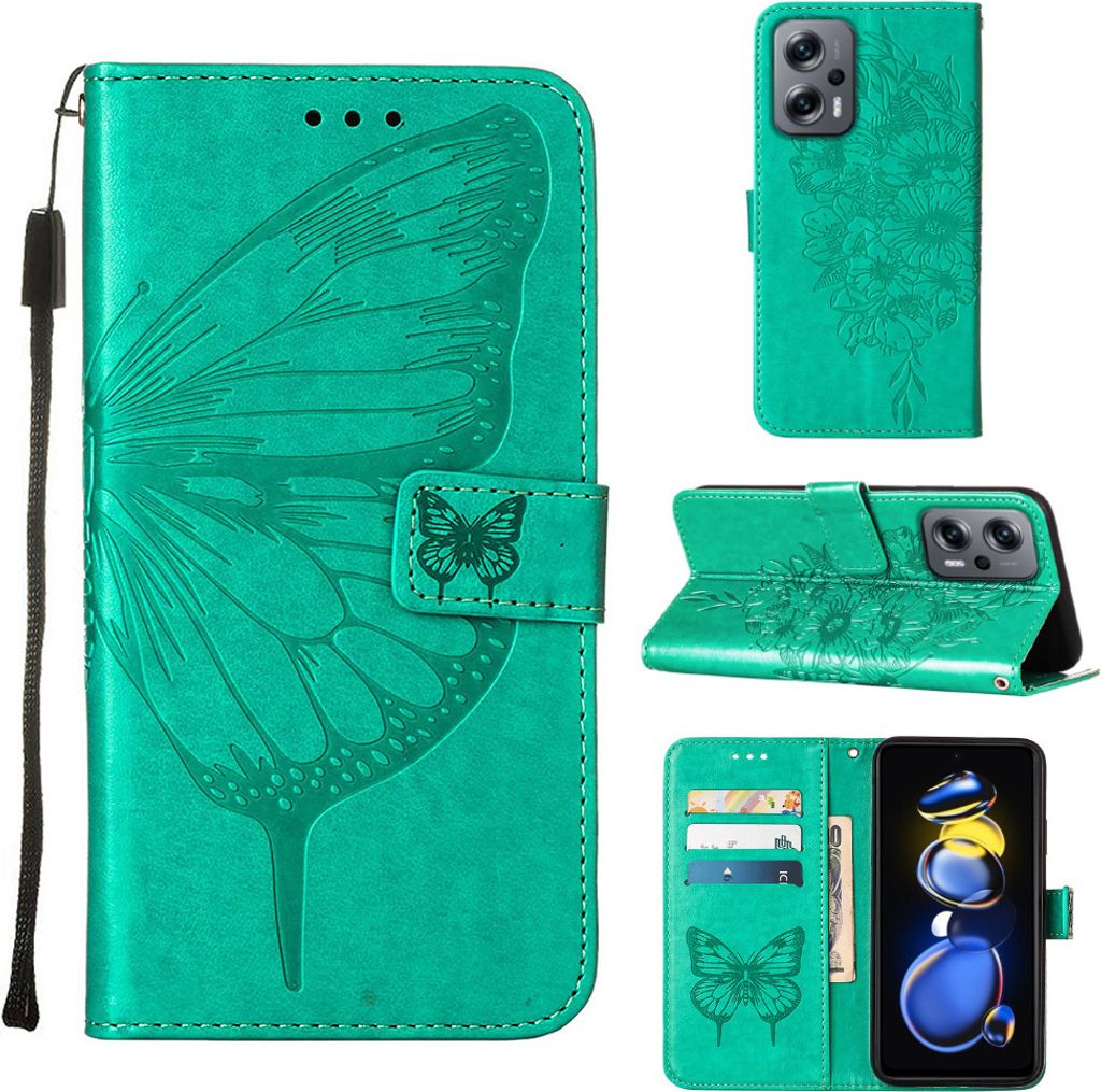 Xiaomi Poco X4 GT 5G Hülle, Schmetterling Prägung Flip Leder Kartenfächer Schutzhülle Ledertasche mit Ständer für Xiaomi Poco X4 GT 5G Grün