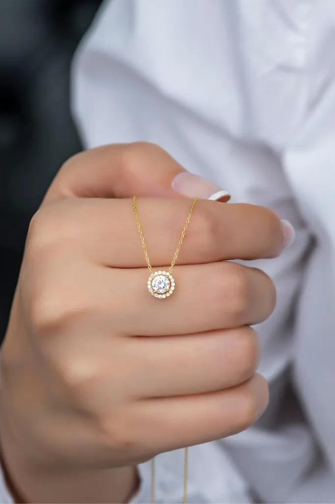 Collier Argent 925 Plaqué Or avec Pendentif Solitaire Zircone Brillant - 2