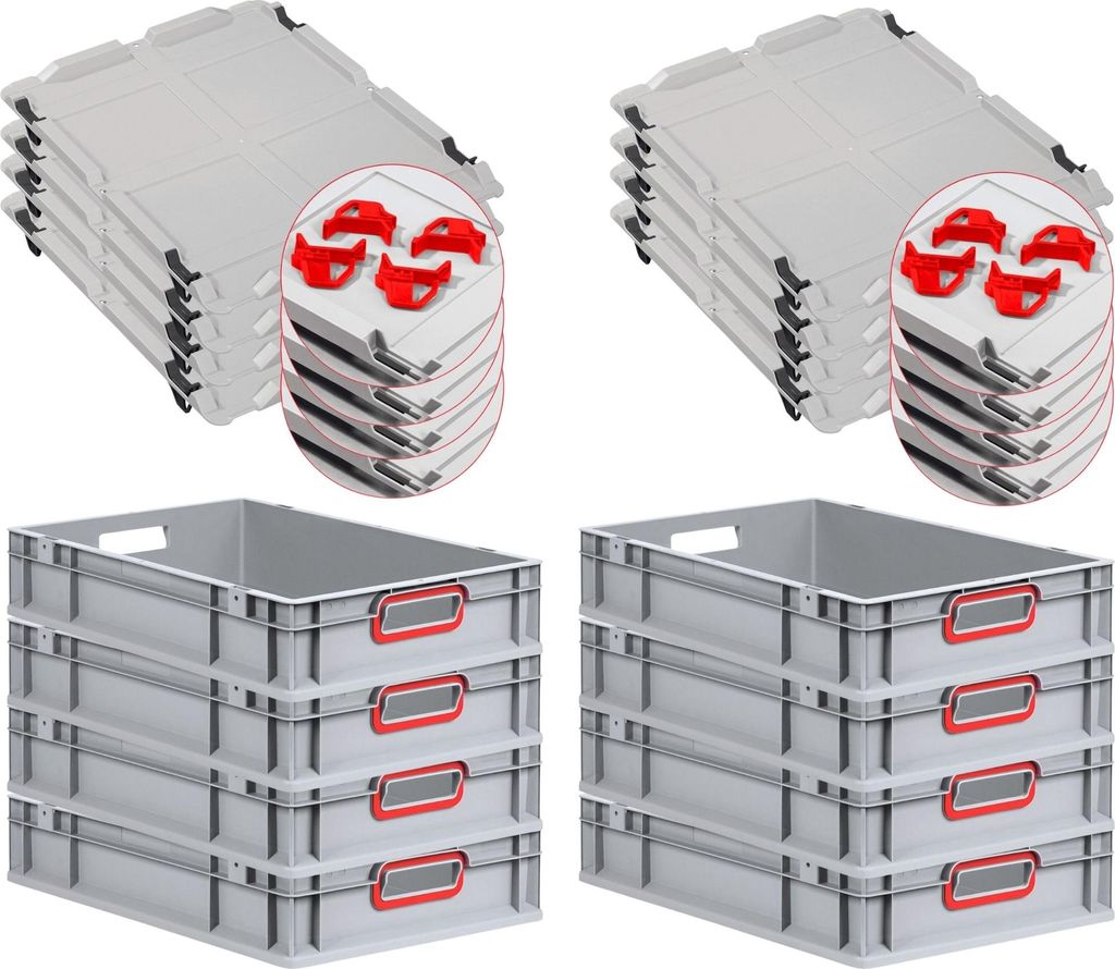 SuperSparSet 8x Eurobox NextGen Color mit Auflagedeckel und Schiebeschnappverschlüsse | HxBxT 12x40x60cm | 23 Liter | Griffe rot offen | Glatter B...