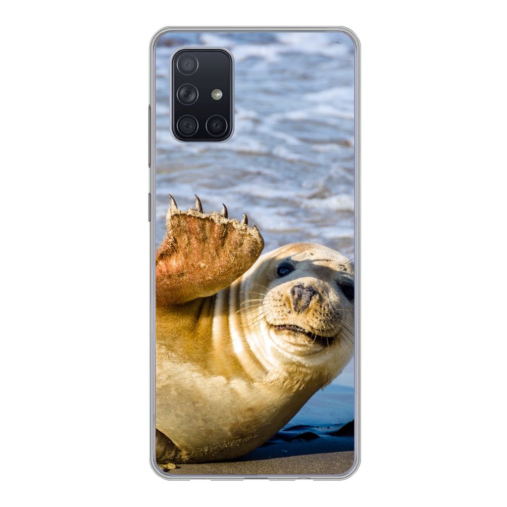 MuchoWow Handyhülle Schutzhülle Hülle für Samsung Galaxy A51 Robbe - Lustig - Schaukel - Kinder - Jungen - Mädchen - Kind Silikon Softcase H...