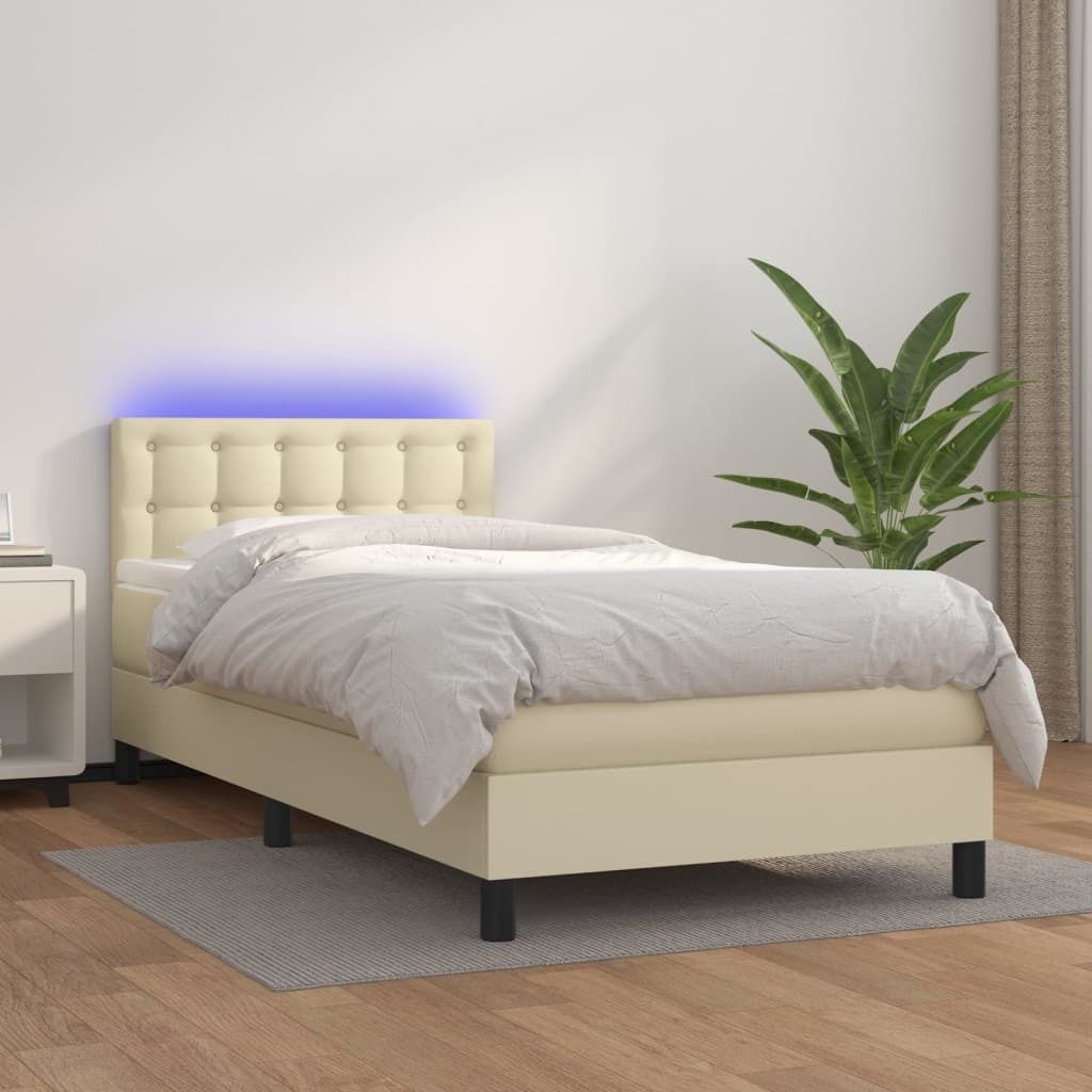 The Living Store Boxspringbett mit Matratze & LED Creme 100x200 cm Kunstleder