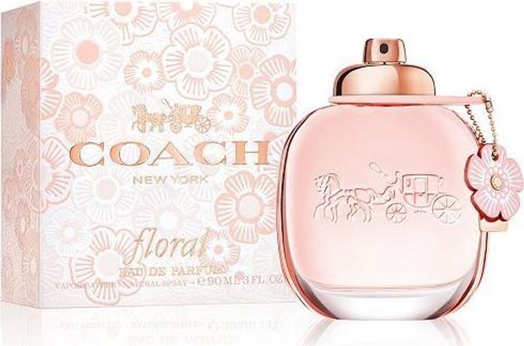A Coach Floral Eau de Parfum bottle and its packaging are displayed against a white background.