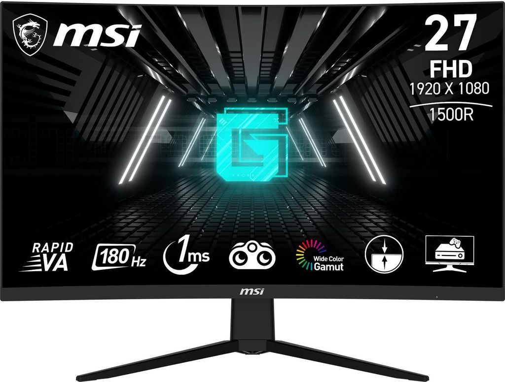 A marketing image of an MSI gaming monitor, displaying its key features and specifications.