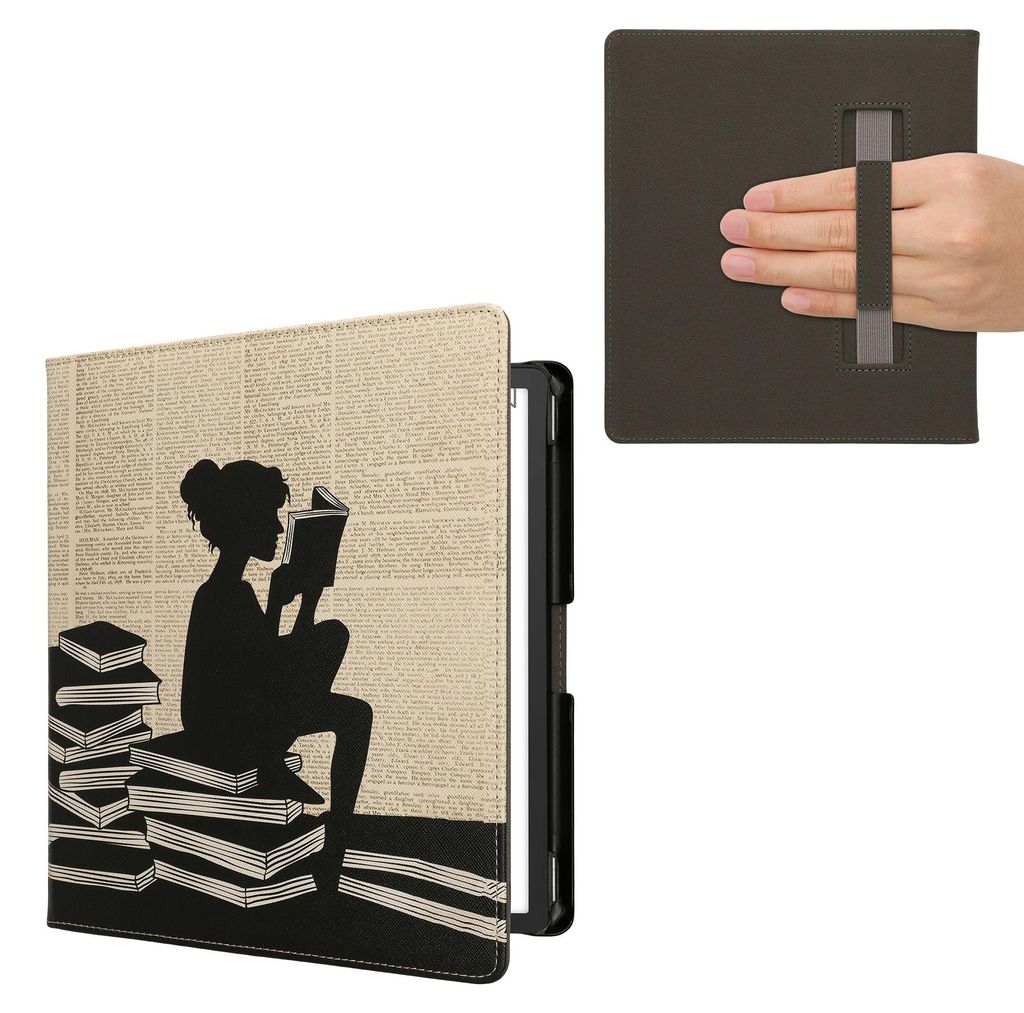 kwmobile Schutzhülle für Amazon Kindle Scribe (2022/2024) Hülle - eReader Flip Case mit Handschlaufe und Auto Sleep Funktion - Lesende Frau mit