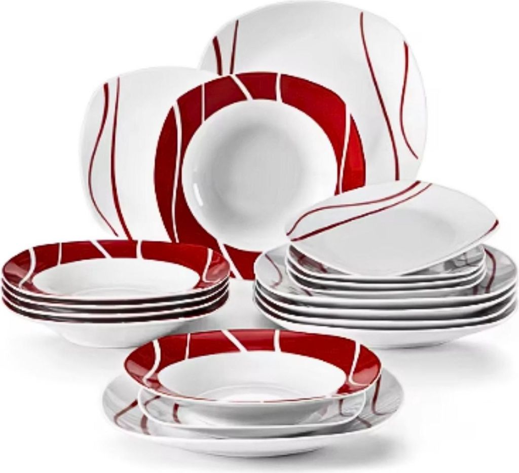 Regales Essteller-Serviesset – 6 Personen – 18-teilig – Weiß/Rot – Keramik – Tafelservices