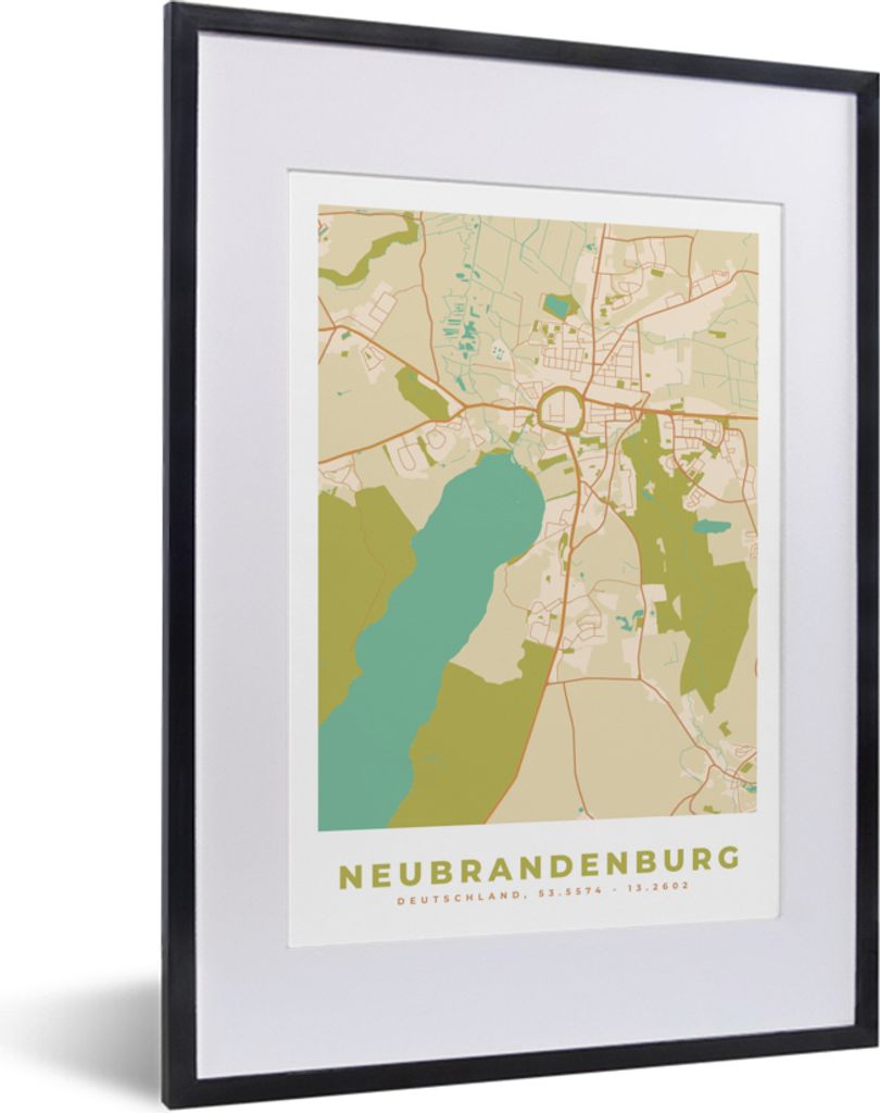MuchoWow Gerahmtes Poster Karte - Neubrandenburg - Stadtplan - Vintage 30x40 cm - Poster mit Schwarzem Bilderrahmen Wandposter Rahmen Foto Bilder...