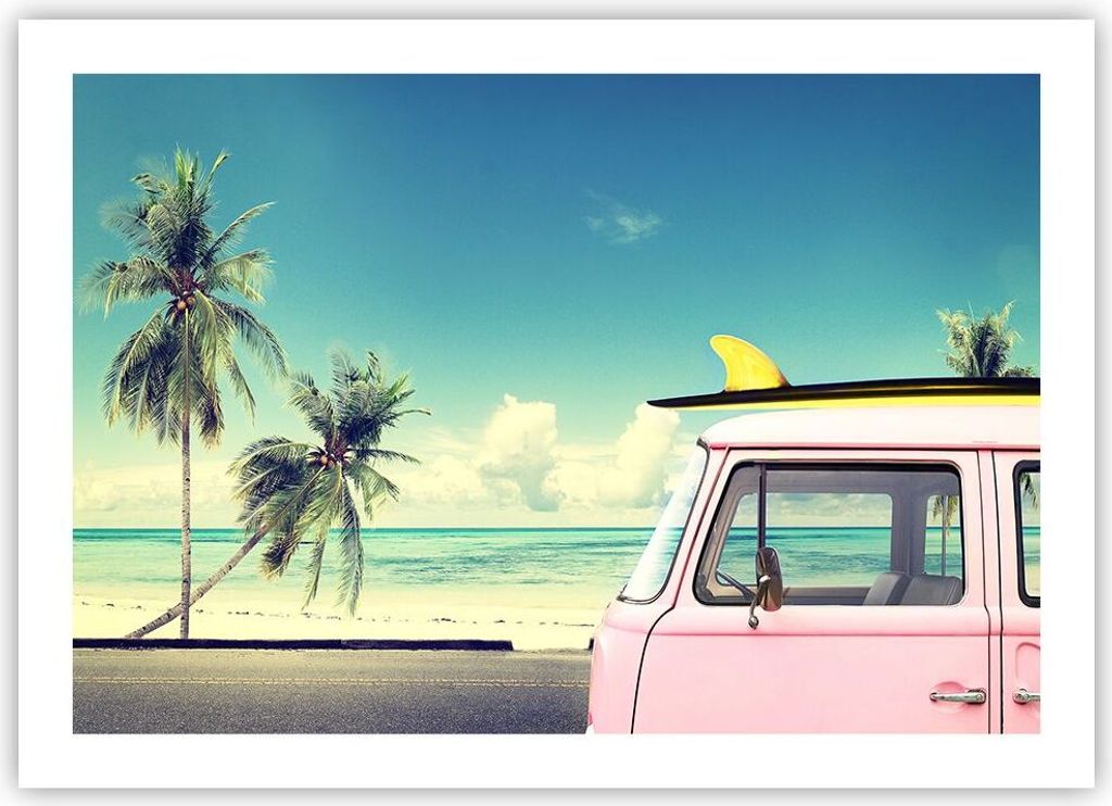 Poster - Poster ohne Rahmen - Auto Surfbrett Strand Ozean - 70x50 cm - Wand Bild - Wanddeko - Wandbilder - Kunstposter - Wandposter - Bilder - Kuns...