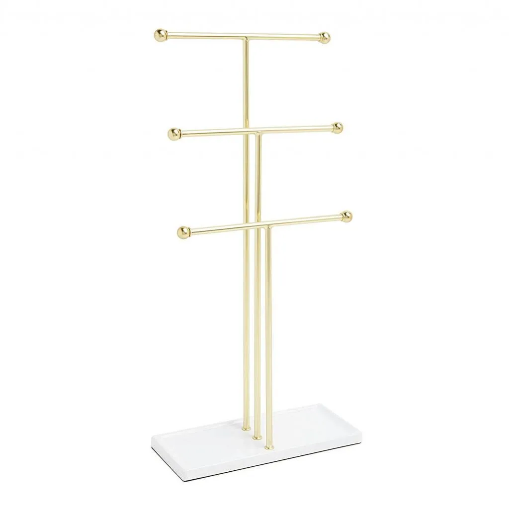 Présentoir à bijoux blanc et doré avec base coupelle intégrée