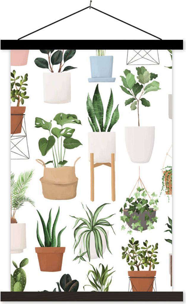 MuchoWow Textilposter Pflanzen - Blumentopf - Weiß 60x90 cm mit schwarzem Rahmen - Poster Wohnzimmer
