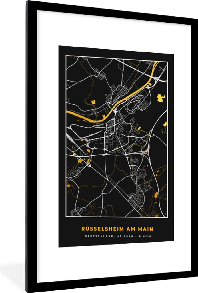 MuchoWow® Gerahmtes Poster Schwarz und Gold - Stadtplan - Produktbild 
