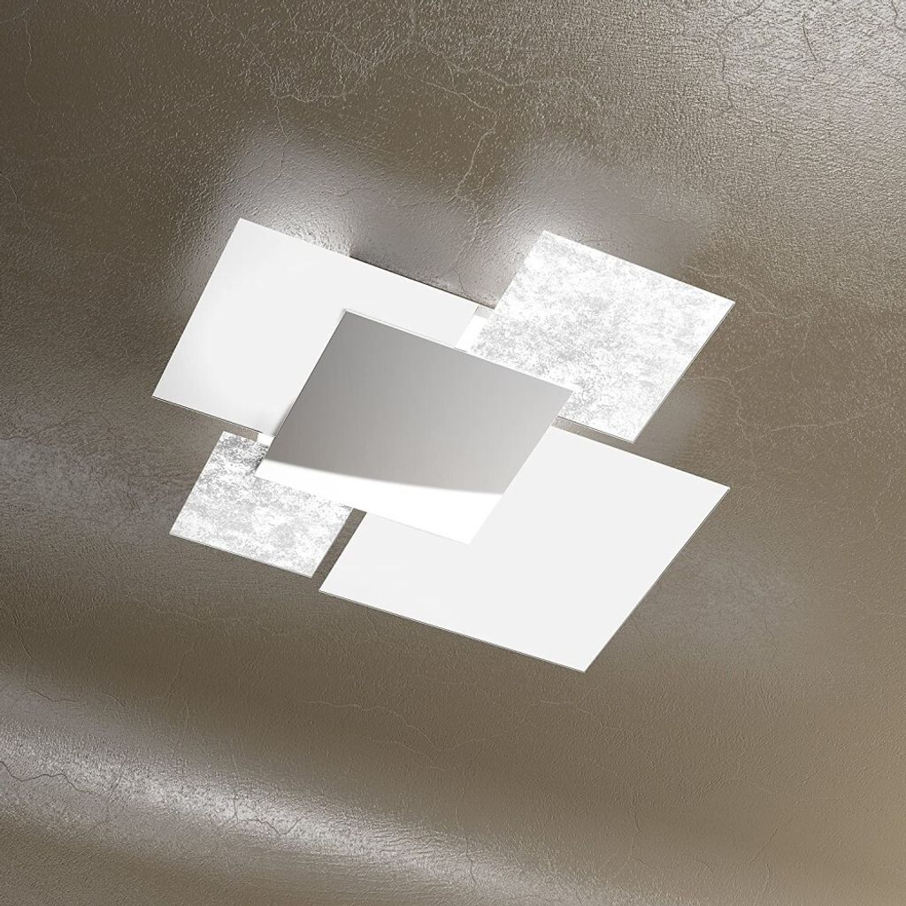 Moderne Deckenleuchte 1088/70-FA aus weißem Glas und Blattsilber 4xE27