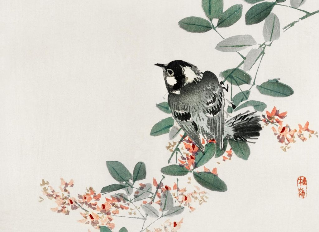 Plakat 55x40cm Schwarzhaubentopic, Kōno Bairei Vintage für das Wohnzimmer