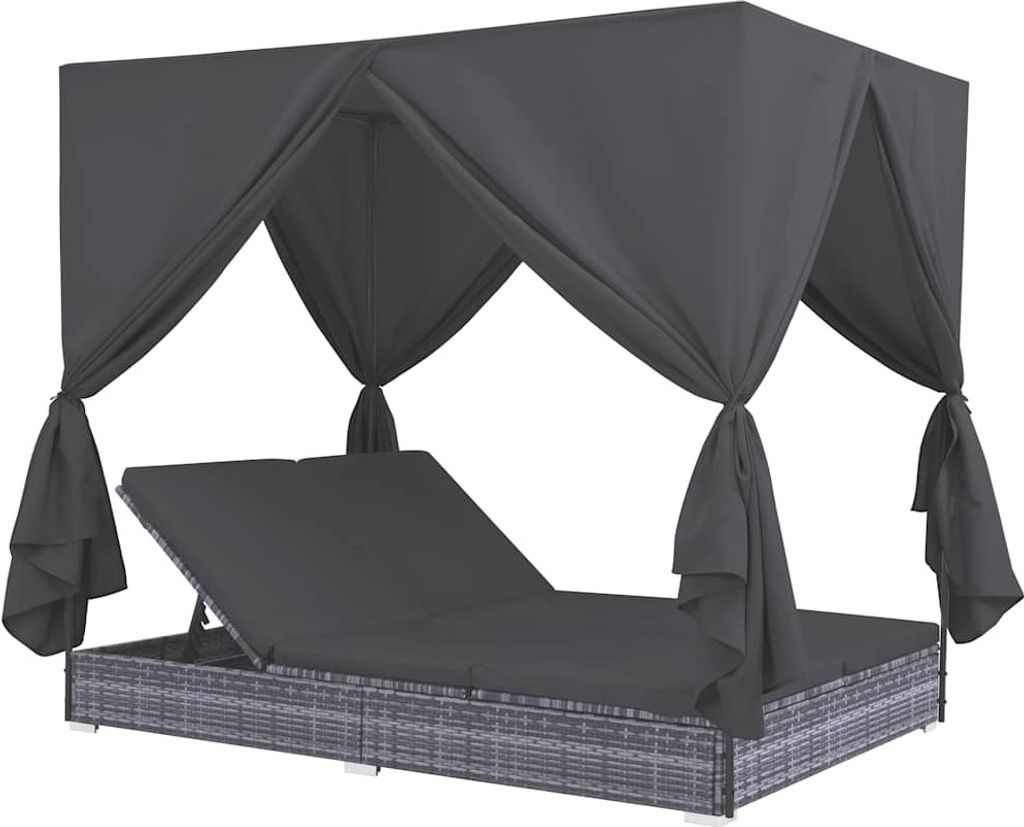 vidaXL Outdoor-Lounge-Bett mit Vorhängen Poly Rattan Grau Produktbild 4