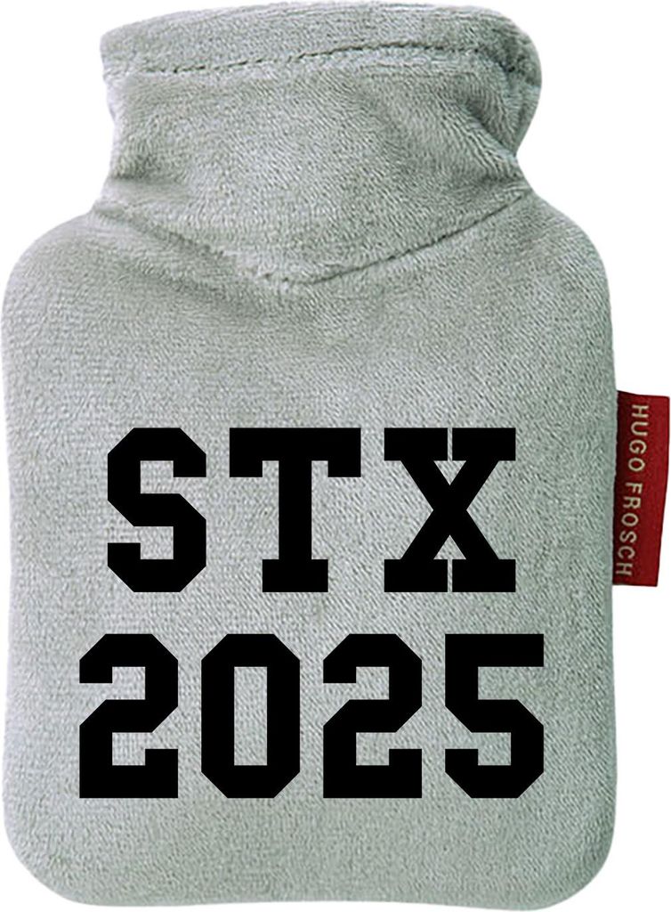 Huuraa Mini-Wärmflasche STX 2025 Abschluss Dänemark 0,2 Liter Grey Mini Veloursbezug Taschenwärmer Geschenkidee