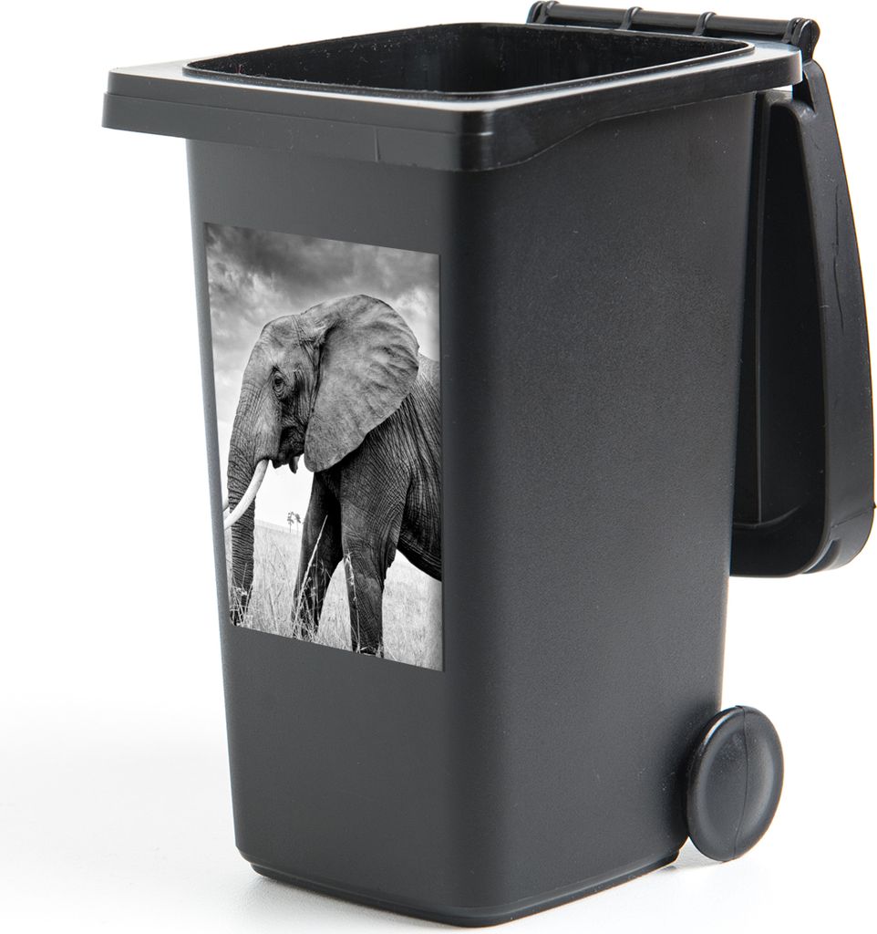 MuchoWow Mülltonnenaufkleber Elefant in der Ebene in Schwarz und Weiß 40x60 cm - Mültonnen-sticker - Sticker - Aufkleber für die Mülltonne