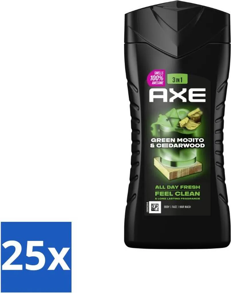 Axe 3 in 1 Green Mojito & Cedarwood 250ml - Stock Risparmio 25 Pezzi