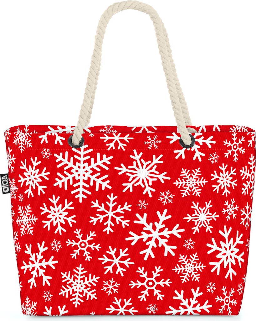 VOID Schneeflocken Weiss Rot Strandtasche Shopper 58x38x16cm 23L XXL Einkaufstasche Tasche Reisetasche Beach Bag