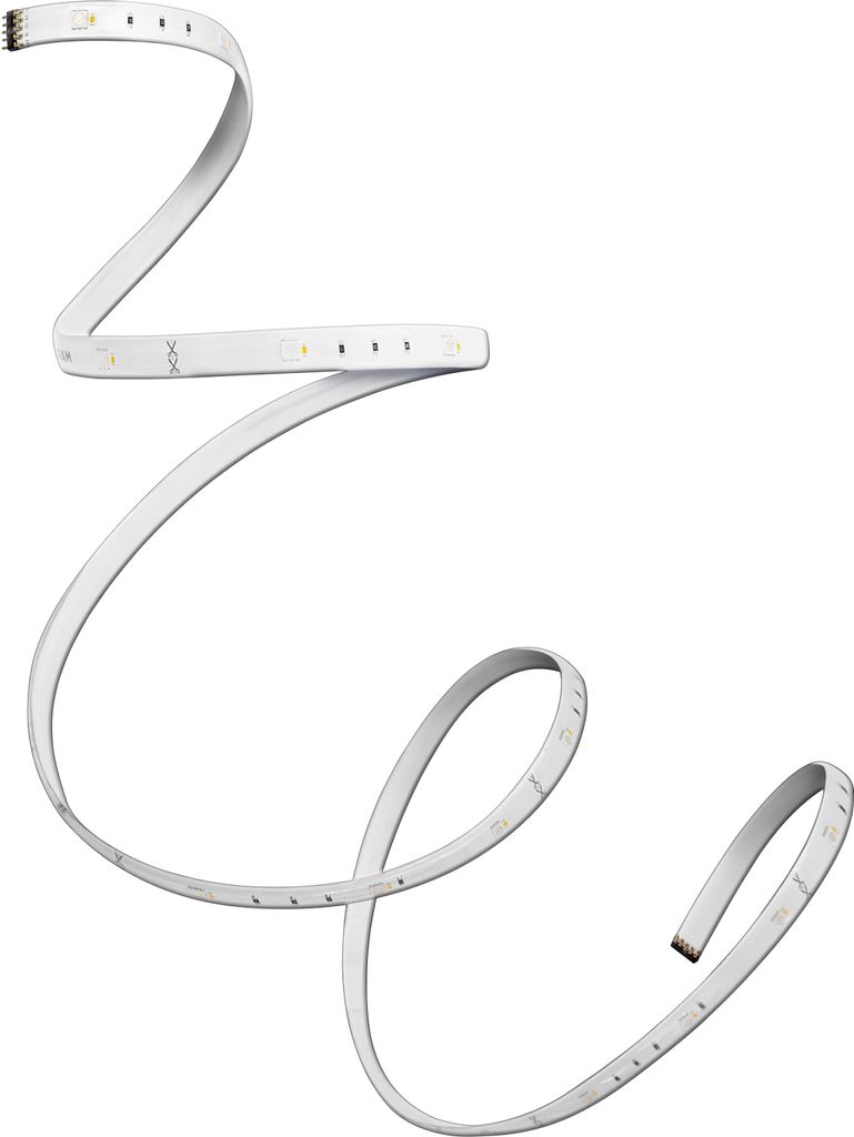 A white LED strip light is shown coiled and draped against a white background.