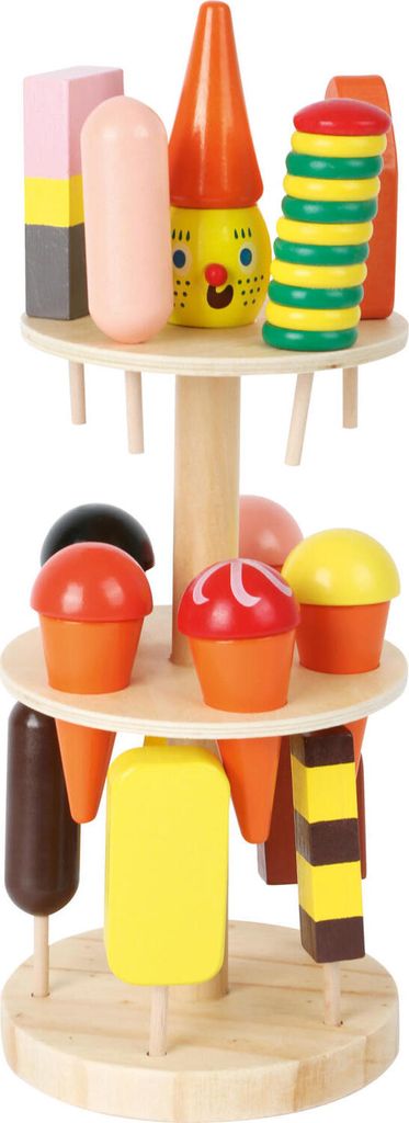 A wooden ice cream stand with various colorful toy ice cream treats.