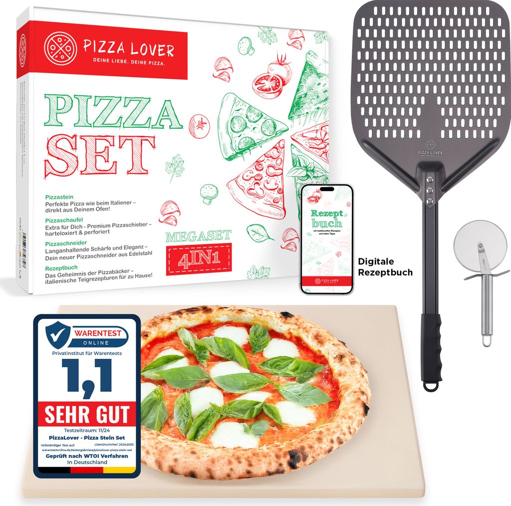 PizzaLover Premium Pizzastein - Set - harteloxiertem, perforiertem Pizzaschieber, XL-Pizzastein, Pizzaroller - für Backofen & Gasgrill