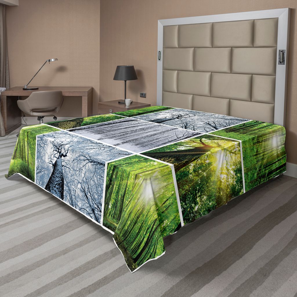 ABAKUHAUS Wald Bettlaken, Grün und Schwarz Regenwald Baumzweige im Frühjahr und Winter-Wald Collage, weiches bequemes oberes Bettlaken für ein d...