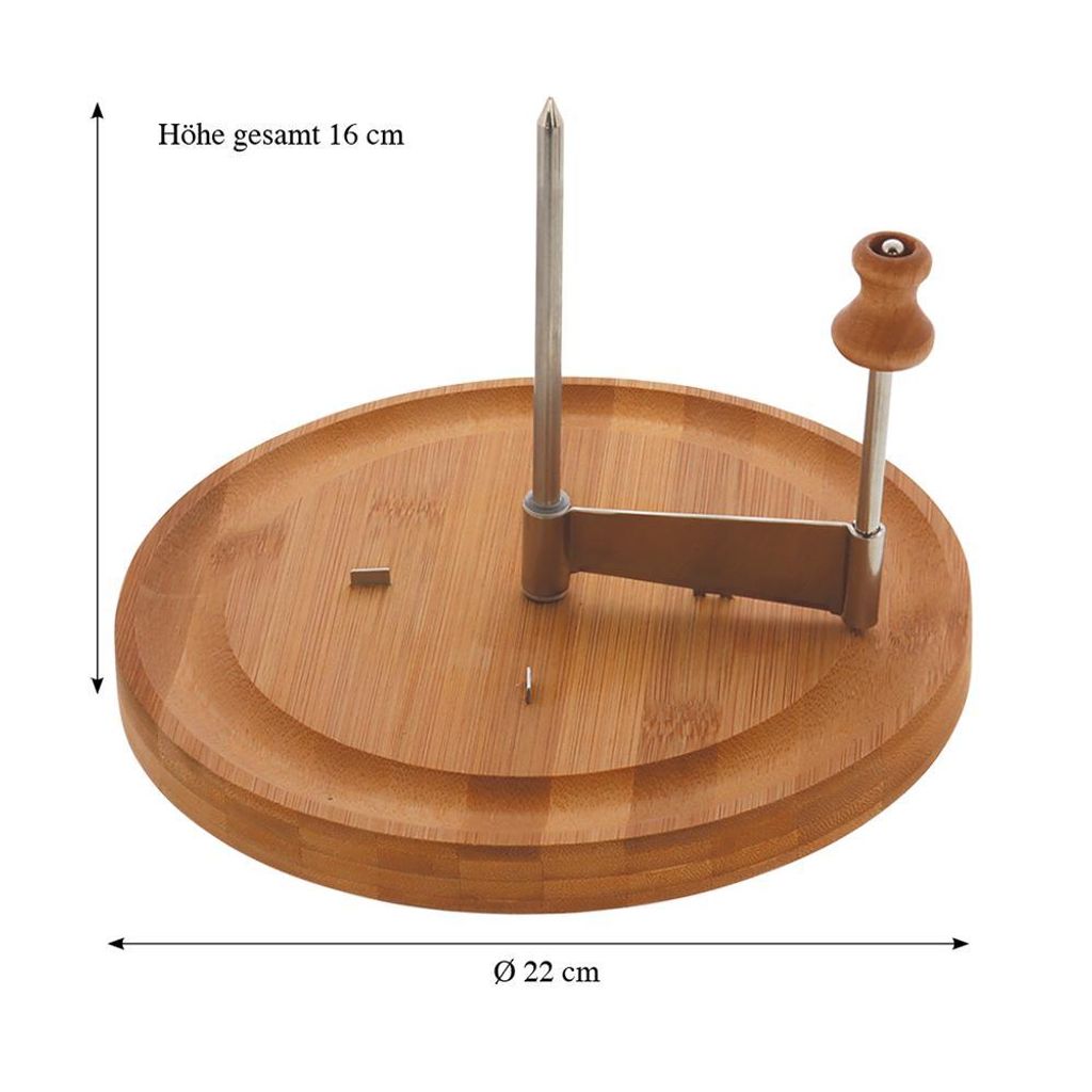 A cheese slicer on a wooden base.