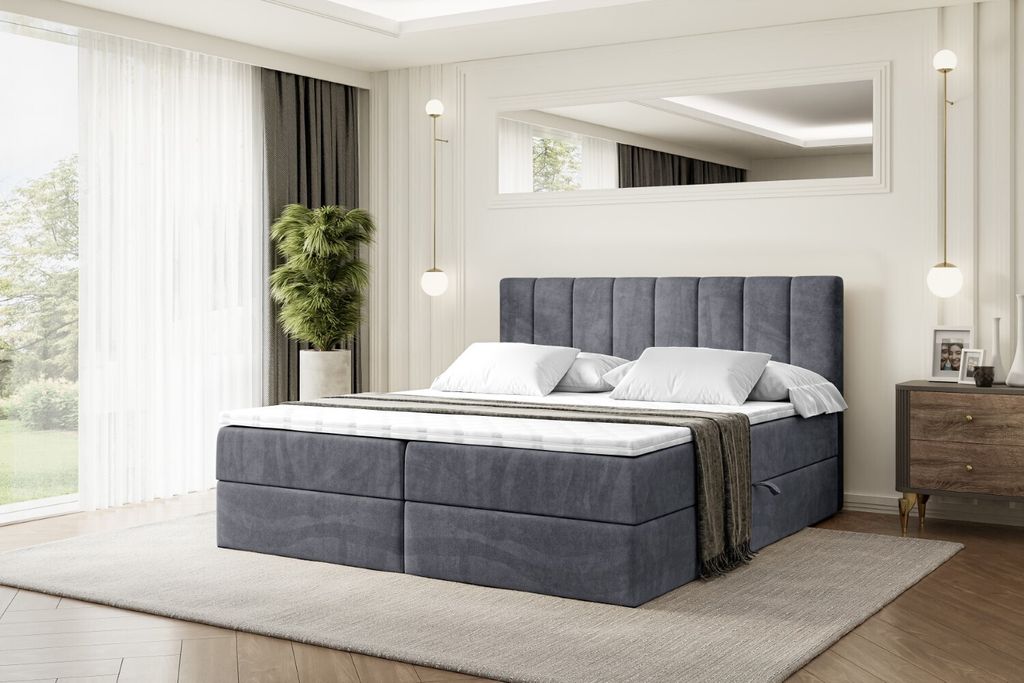 ALTDECOR Boxspringbett mit H3 Matratze und Topper - 140 x 200 cm - OTTA - Dunkelgrau Samt - Polsterbett mit Bettkasten und Lattenrost, Bett mit Sta...