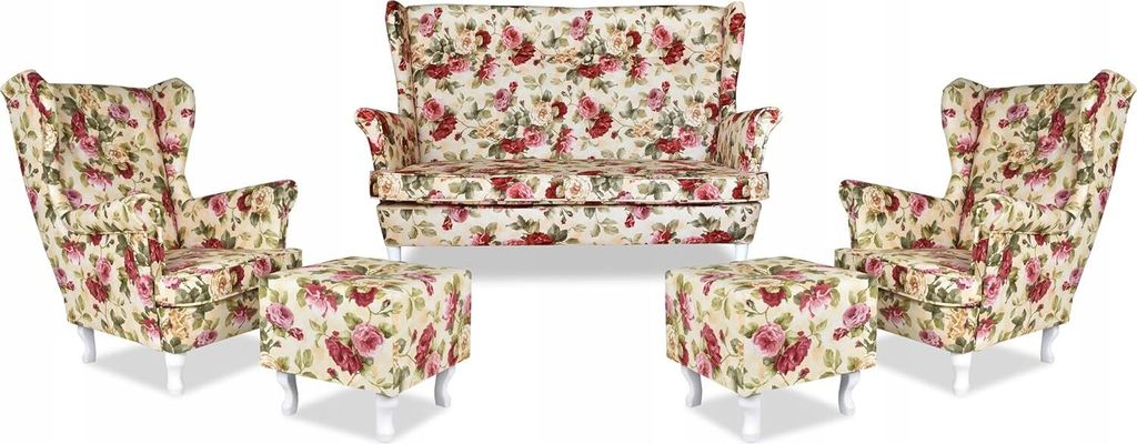 Family Meble Set aus Sofa + 2 Sessel + 2 Hocker Print 2-Sitzer Sofa Couch Freistehendes Lounge Sofa Bequem zum Entspannen Wohnzimmer Büro (ROSE 01)