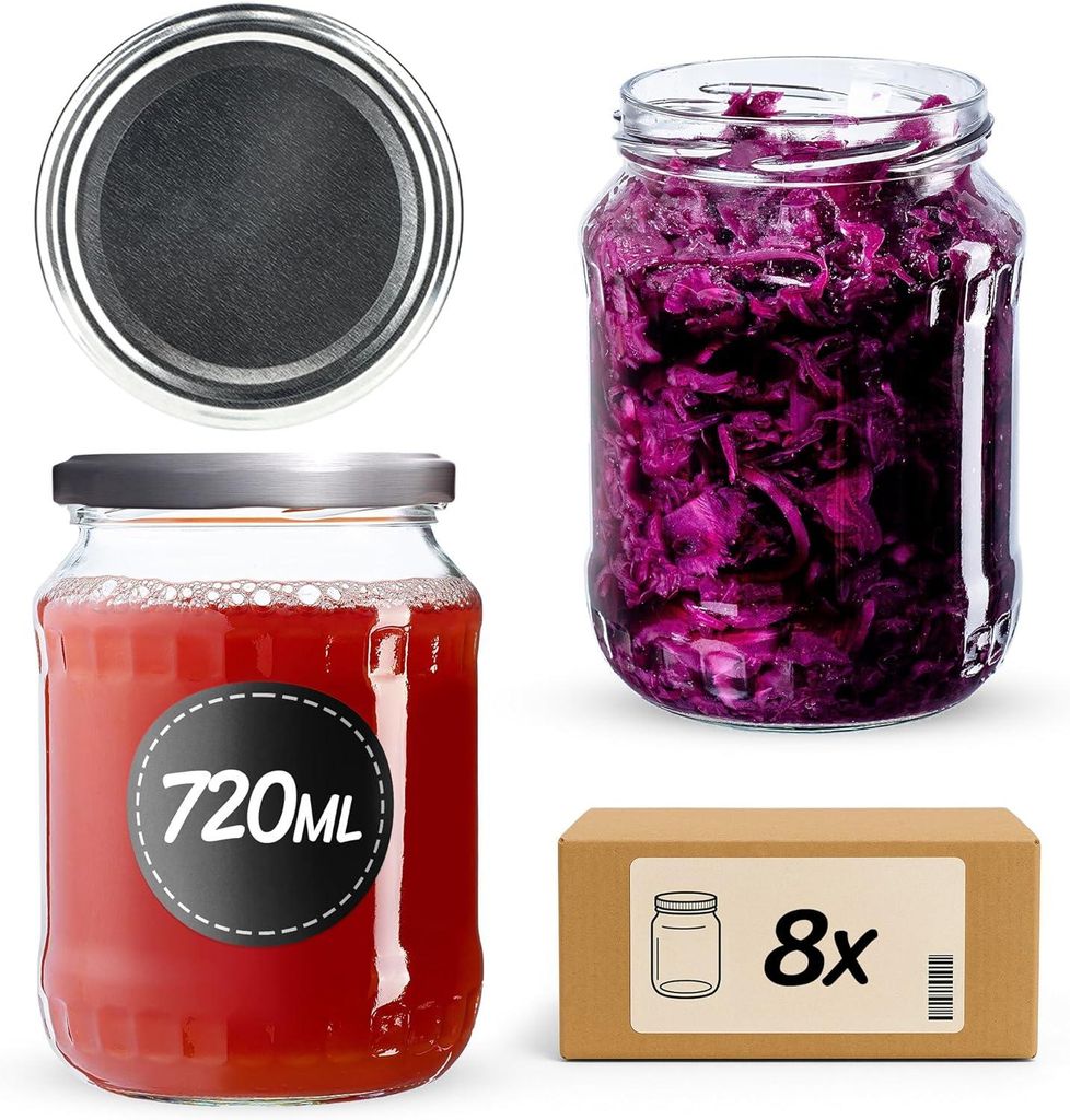 KADAX Einmachgläser mit Deckel "Jukka", Marmeladengläser, Einweckgläser, 720 ml, Silber, 8 Stück