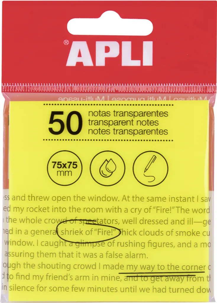 Notes repositionnables APLI 75x75 mm jaune transparent lot de 50 feuilles