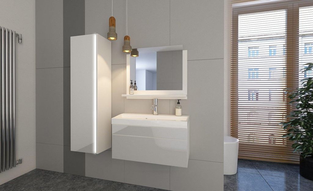 FURNITECH JENNY 2 60 Badezimmer Bademöbel Badeschränke Set (Weiß, LED blau)