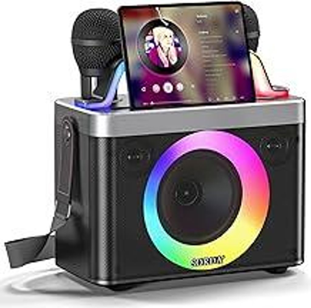 Tragbare Bluetooth-Karaoke-Maschine für Erwachsene und Kinder – 2 Kabellose Mikrofone, Schultergurt, Lustige Stimmverzerrung, USB-/AUX-Anschluss...