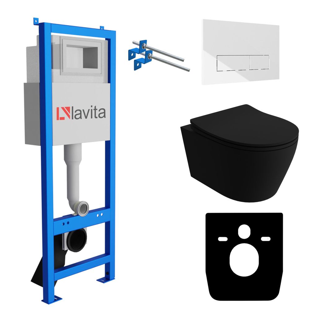 Lavita LAV 101 Vorwandelement für WC 40cm + Wand Hänge Tiefspül WC ONIL Schwarz Spülrandlos + Bedienplatte LAV 200.4.2 Verchromt | Komplettset...