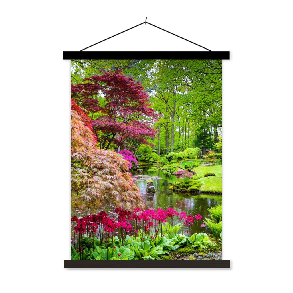 MuchoWow Textilposter Bäume - Blumen - Japanisch - Natur - Wasser 40x53 cm mit schwarzem Rahmen - Abbildung