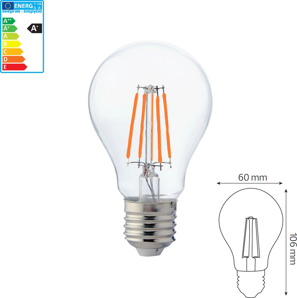 E27 LED Filament Leuchtmittel Birne Standart Form 6 Watt Warmweiß 1 Stück