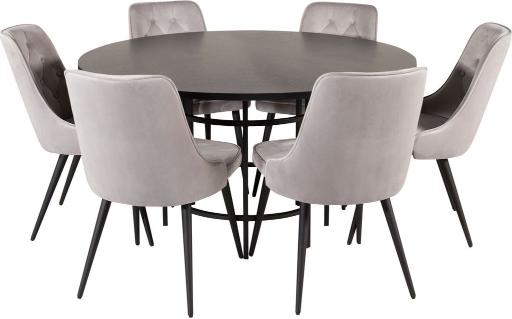 Copenhagen Essgruppe Esstisch braun und 6 Velvet Deluxe Esszimmerstühle Velour hellgrau.
