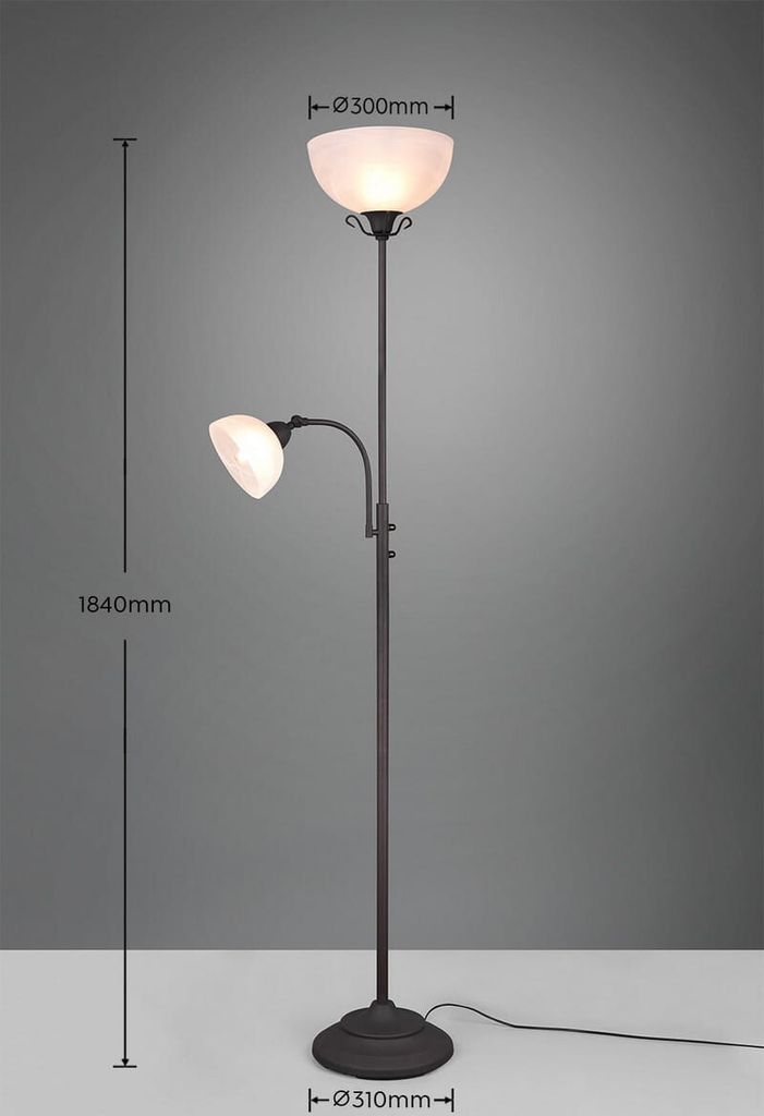 A floor lamp with two lights against a plain background.