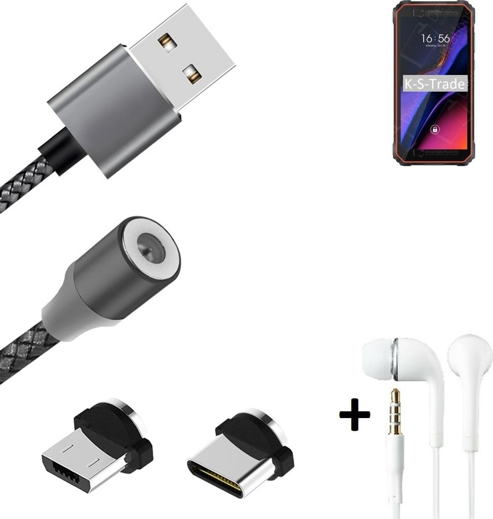 K-S-Trade Hochwertiges Magnet-Lade-kabel Sync-Kabel Daten-Kabel + Kopfhörer kompatibel mit Blackview Oscal S60 mit USB-Typ-C-Anschluss und