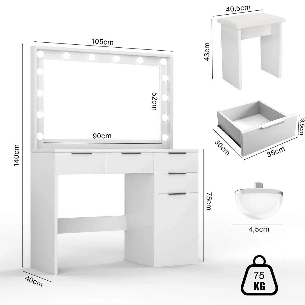 Coiffeuse Miroir LED et Plateau Verre Trempé W1050 - 4 Tiroirs Blancs