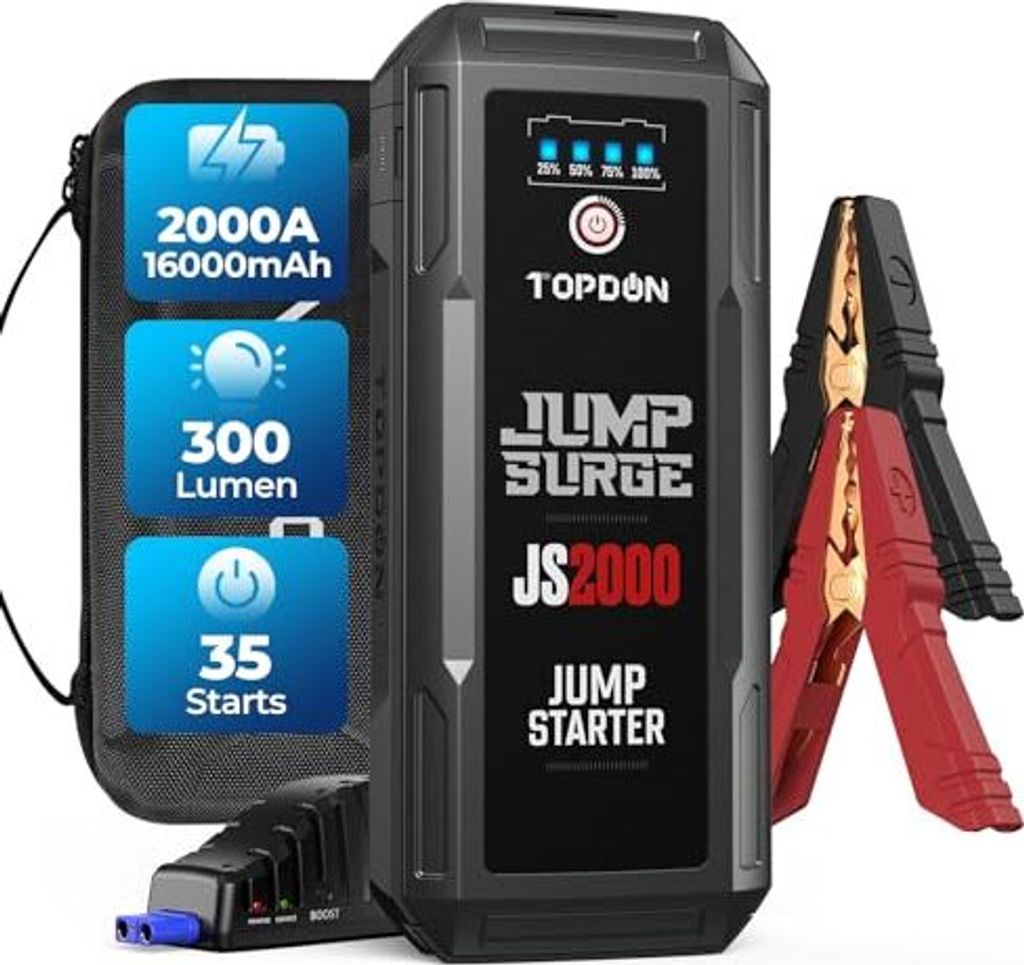 TOPDON JS2000 Auto Starthilfegerät, 16000mAh Tragbares Starthilfe Powerbank für bis zu 8L Benzin/6L Dieselmotoren, 12V KFZ Batterie Booster Pack ...