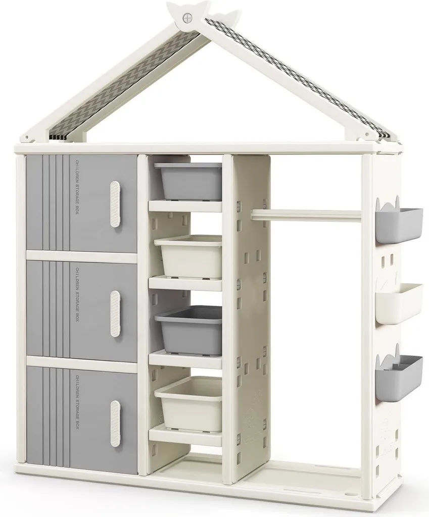 Armoire enfants en forme de maison avec tringle à vêtements blanche