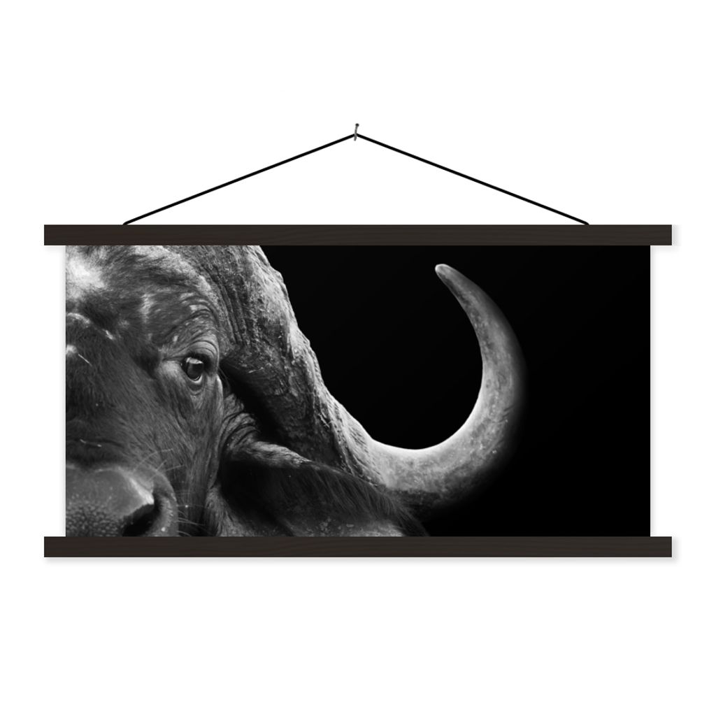 MuchoWow Textilposter Büffel - Tiere - Schwarz - Weiß 120x60 cm mit schwarzem Rahmen - Dekoration Schlafzimmer