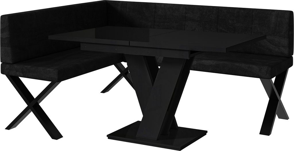 MEBLINI Eckbank für Esszimmer mit ausziehbarem Tisch - Küchenbank - Essecke - Sitzecke Küche - PETER - X-Beine 128x168x87cm Links - Schwarz Samt...