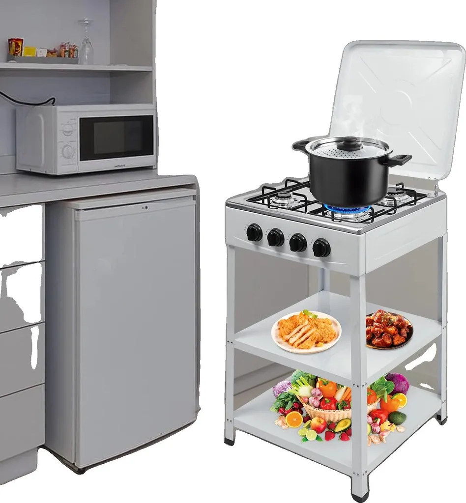 Cuisinière à gaz portable inox blanc 4 feux - Protection vent intégrée