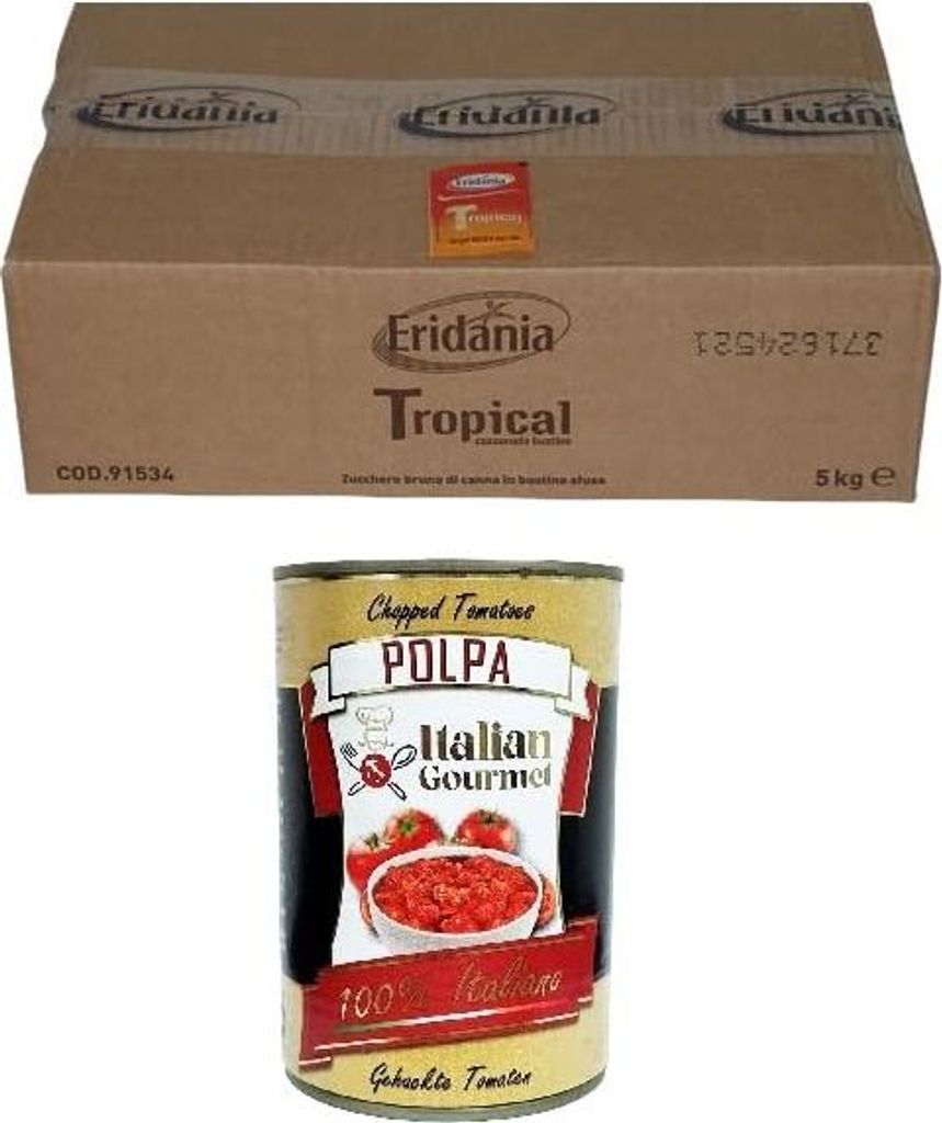 ERIDANIA ZUCCHERO DI CANNA BUSTINE ROHRZUCKERBEUTEL 5 KG + Italian Gourmet Polpa 400g