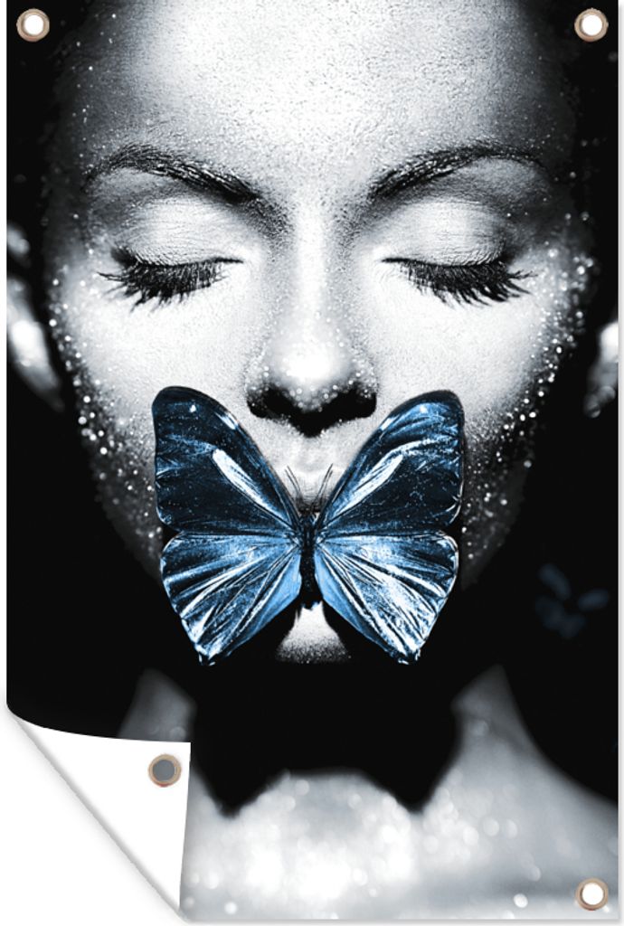 MuchoWow 80x120 cm Outdoor-Poster Gartendeko Sichtschutz Garten Poster für den Garten Frau - Schmetterling - Schwarz - Weiß