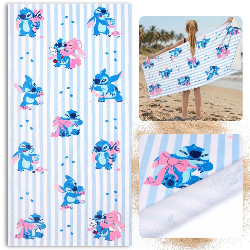 DISNEY Stitch schnelltrocknendes Strand- und Badetuch aus 100 % Baumwolle, 70 x 140 cm,